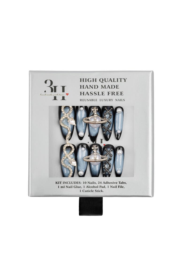 Sapphire Cascade Luxury Handmade Press on Nails, Main, color, Black/Cool Grey