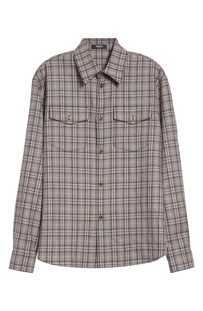 Versace Check Virgin Wool Flannel Button-Up Shirt, Main, color, Flowers Lavender Yellow