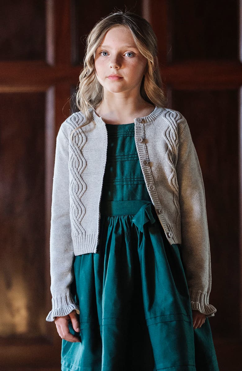 Hope & Henry Kids' Organic Cropped Ruffle Cuff Cable Sweater Cardigan, Alternate, color, Gray Heather