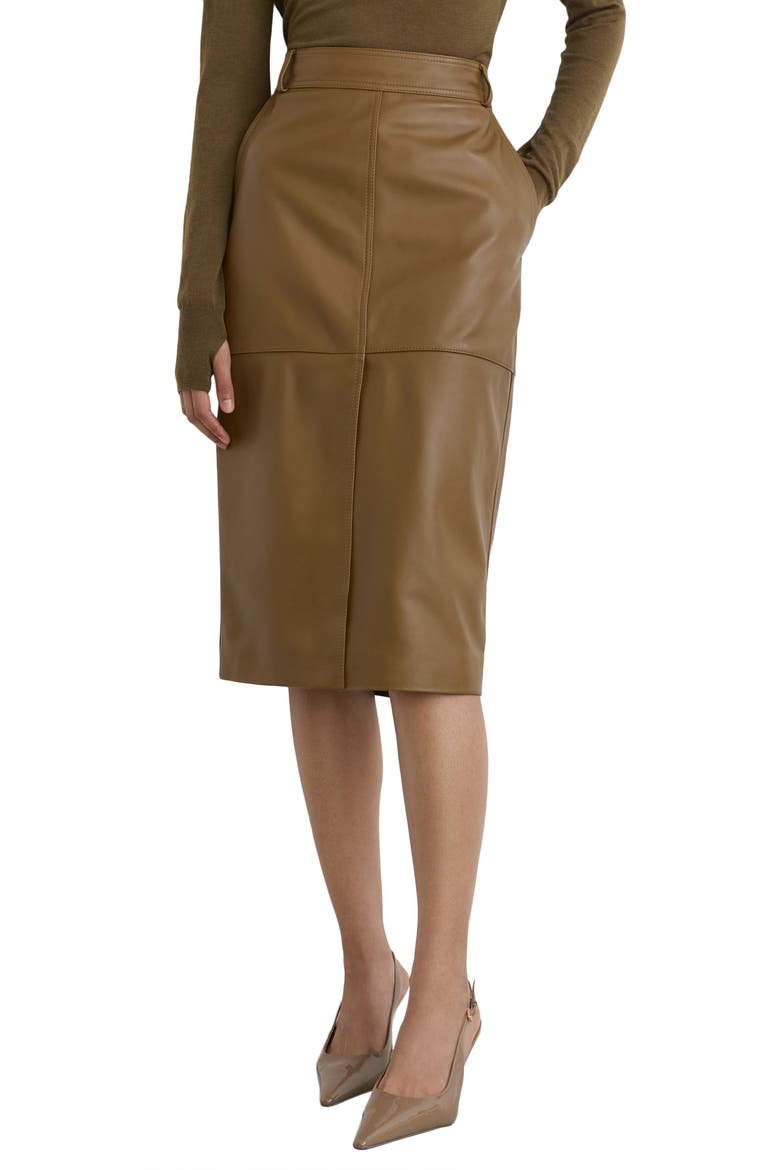 Milly Leather Midi Pencil Skirt, Alternate, color, KHAKI GREEN