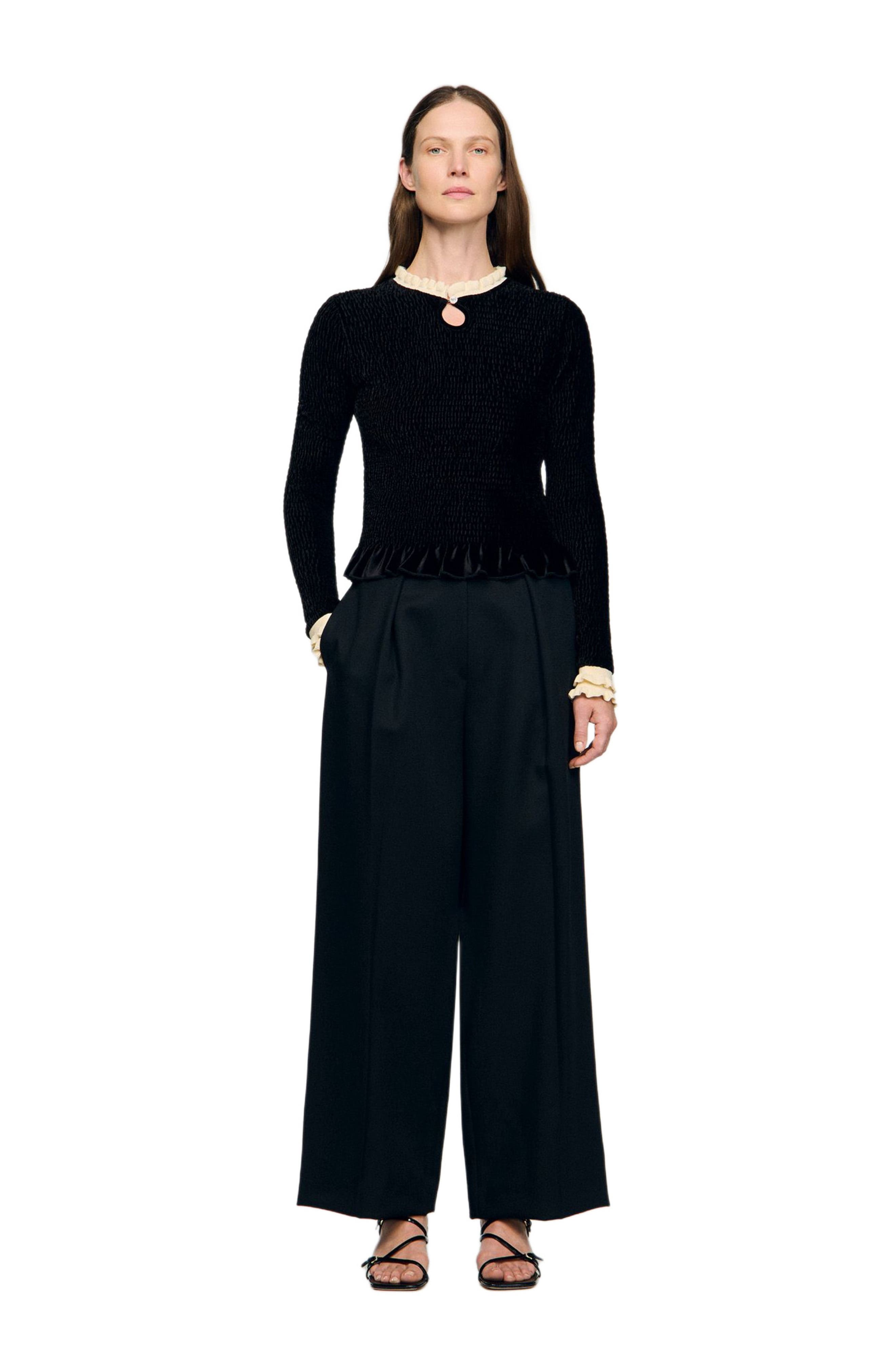 Sandro Smocked Long-sleeved Shirt In Black