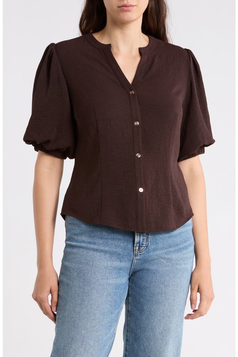 Puff Sleeve Button-Up Top, Main, color, DARK CHOCOLATE