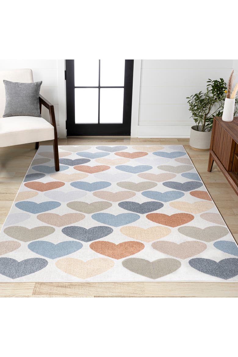 Dila Modern Hearts Geometric Machine-Washable Area Rug, Alternate, color, Ivory/Blue/Orange
