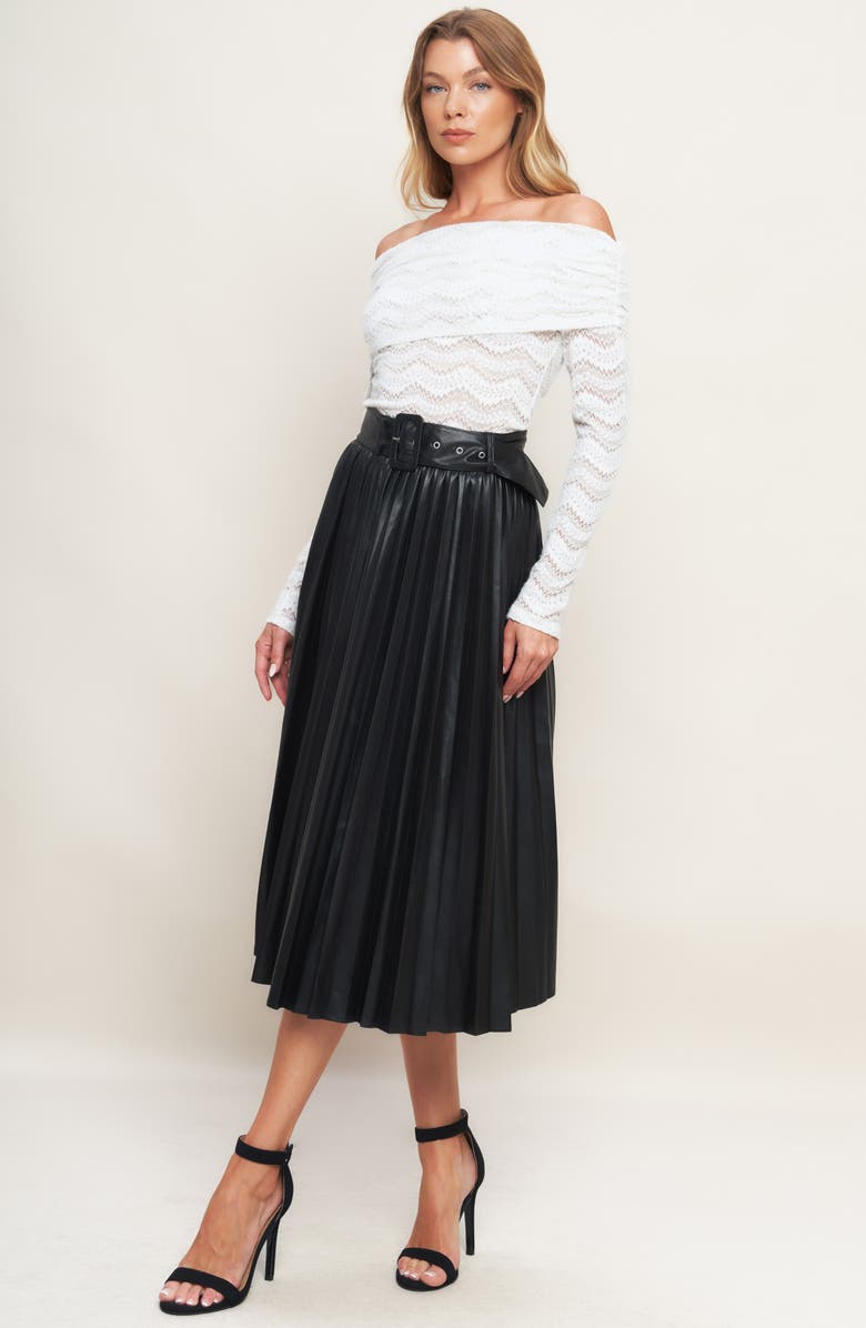 FLYING TOMATO Faux Leather Pleated Midi Skirt, Alternate, color, Black