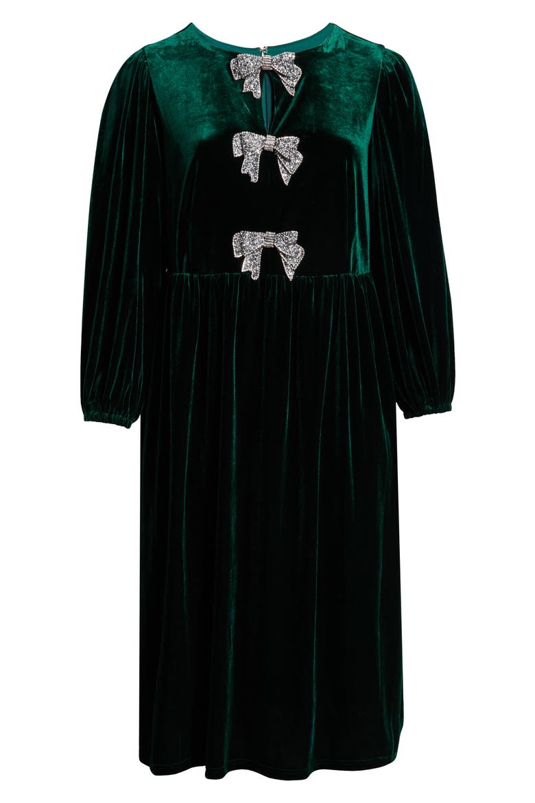 Jena Glow Bow Long Sleeve Velvet Midi Dress, Alternate, color, EMERALD