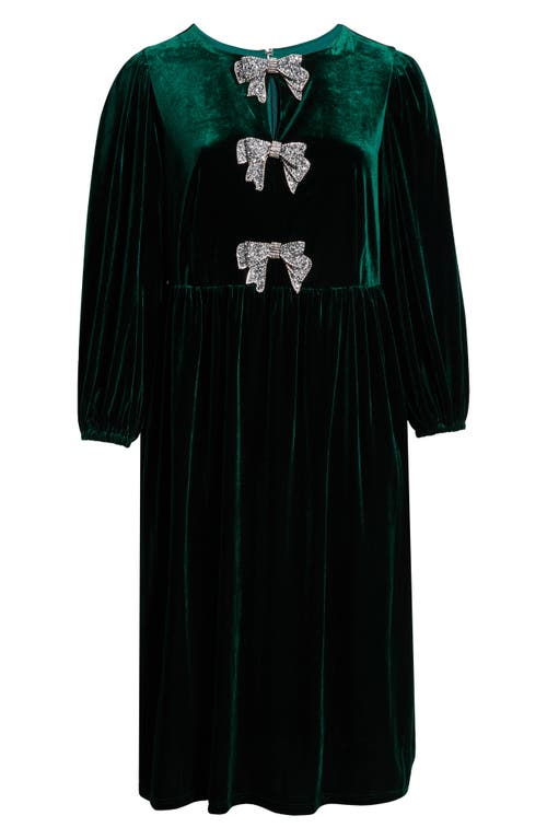 Sugarlips Jena Glow Bow Long Sleeve Velvet Midi Dress In Green