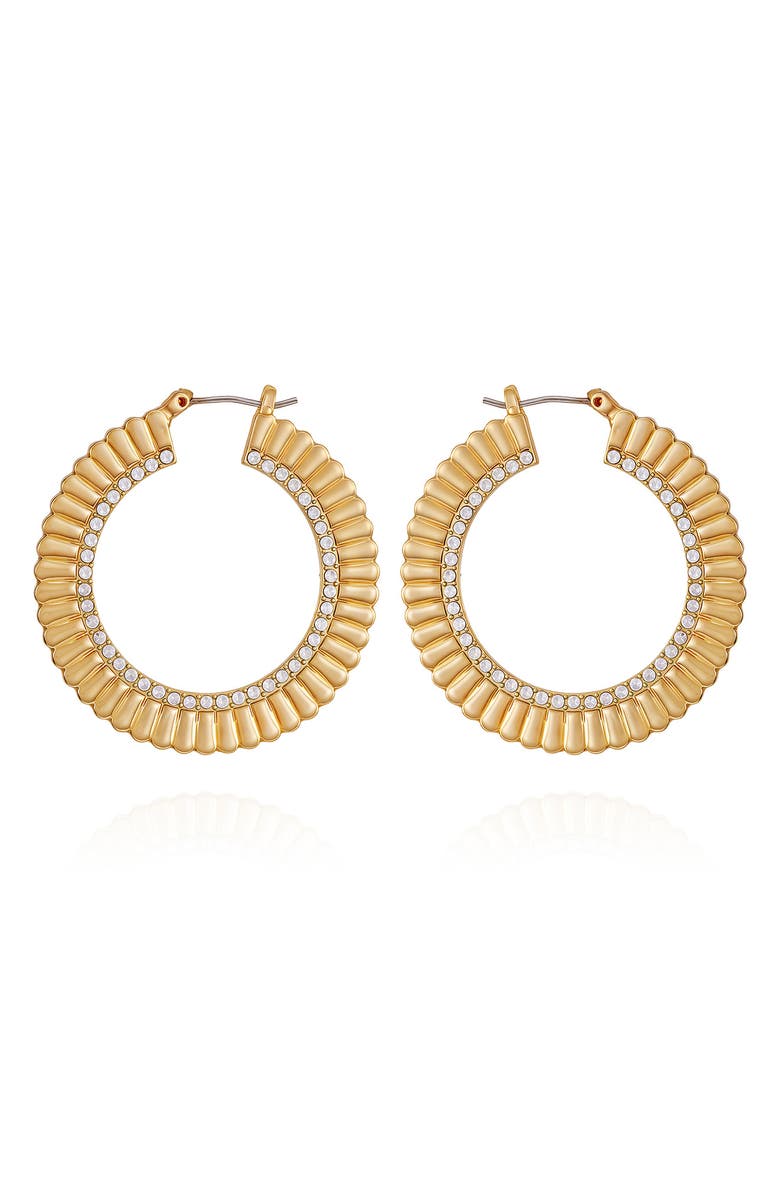 Vince Camuto Crystal Textured Hoop Earrings, Alternate, color, Gold Tone