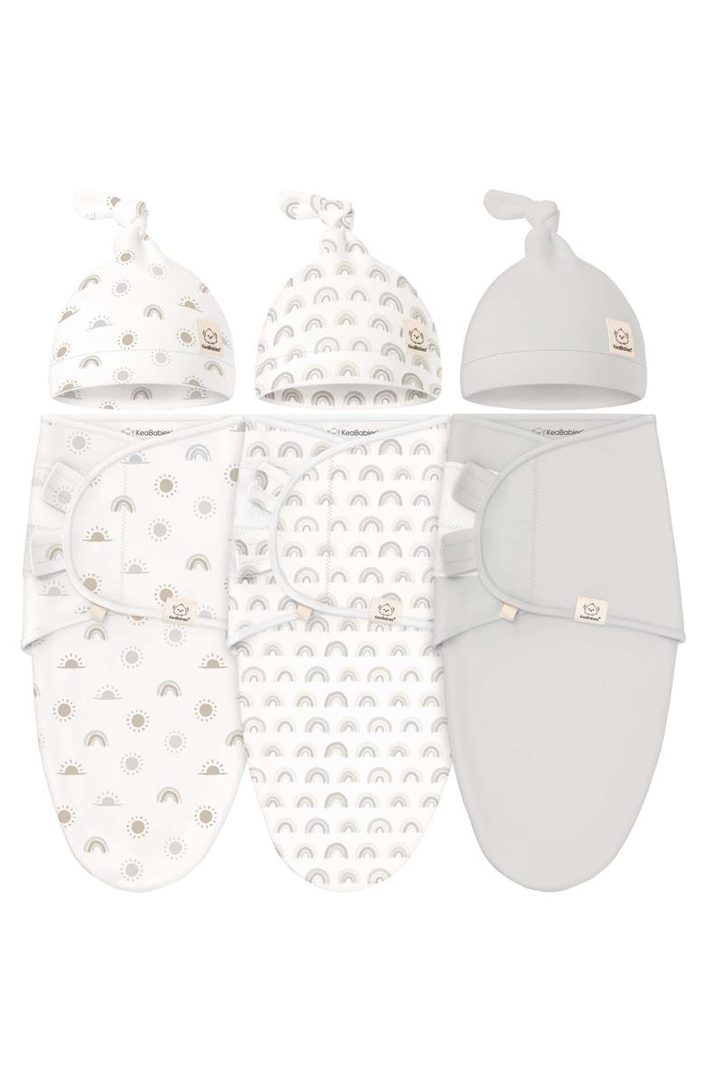 KeaBabies 3-Pack Soothe Swaddle Wraps with Knot Hats, Main, color, Shifts