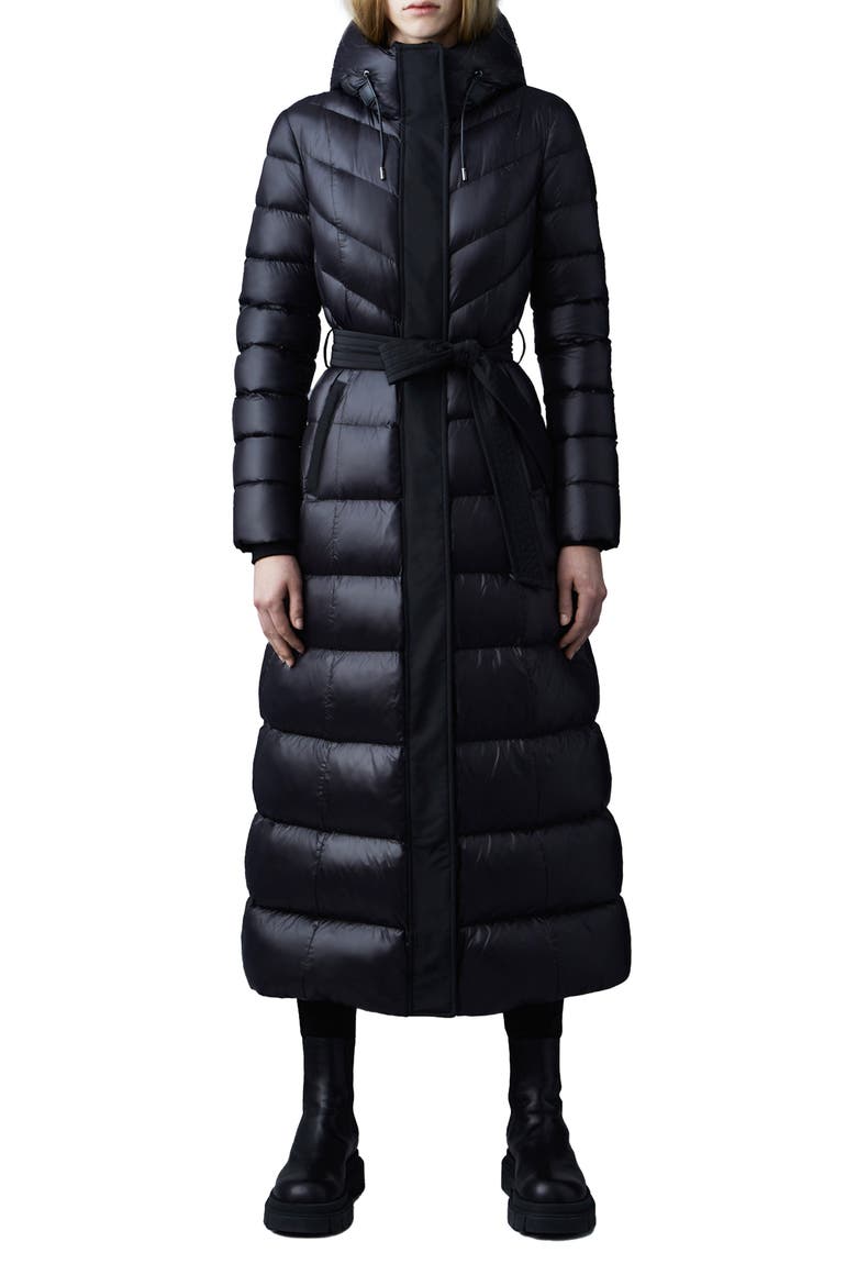 Calina Lustrous Water Repellent Down Coat, Main, color, BLACK