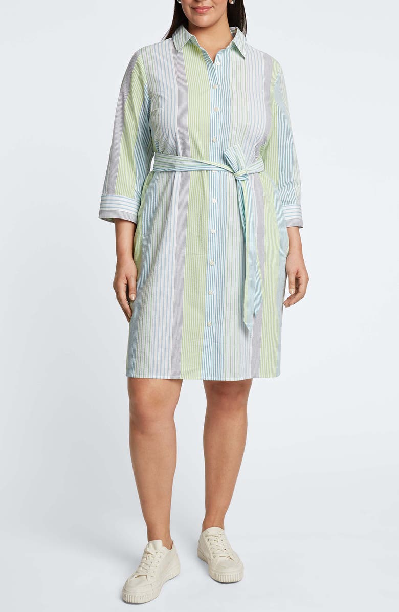 Foxcroft Rocca Belted Stripe Seersucker Shirtdress, Main, color,