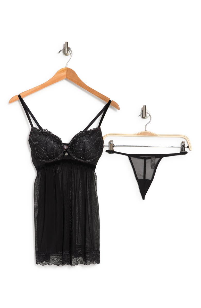 DAISY FUENTES Metallic Lace Underwire Mesh Babydoll & G-String 2-Piece Set, Alternate, color,
