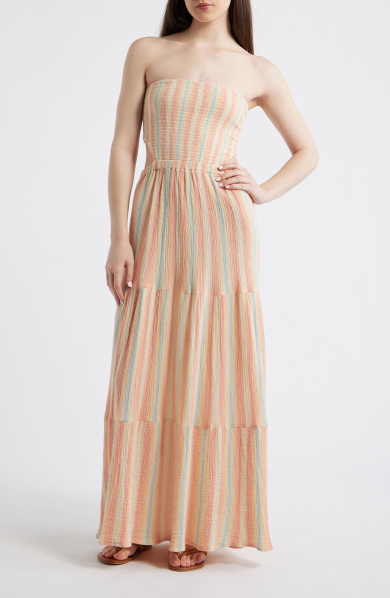 Rip Curl Premium Surf Stripe Strapless Tiered Cotton Maxi Dress, Main, color, Multi Color