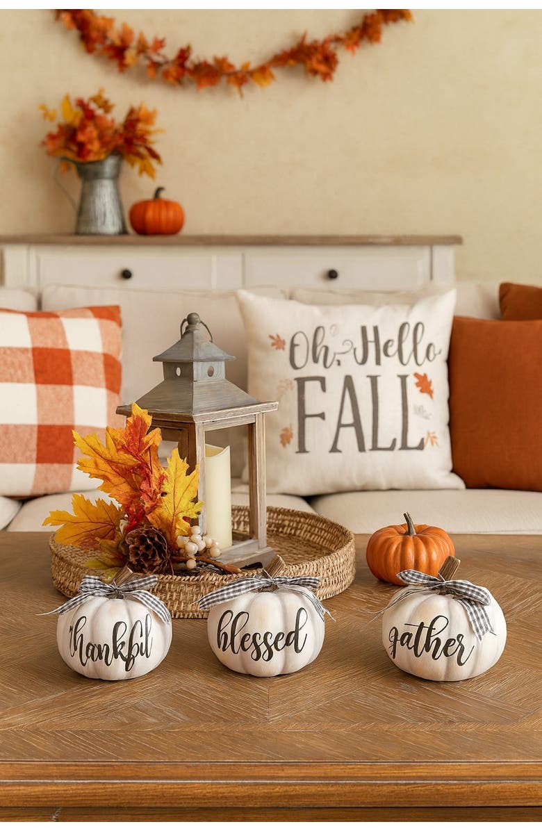 Transpac Resin Buffalo Check Pumpkin Set of 3 Fall Home Decorations, Alternate, color, 