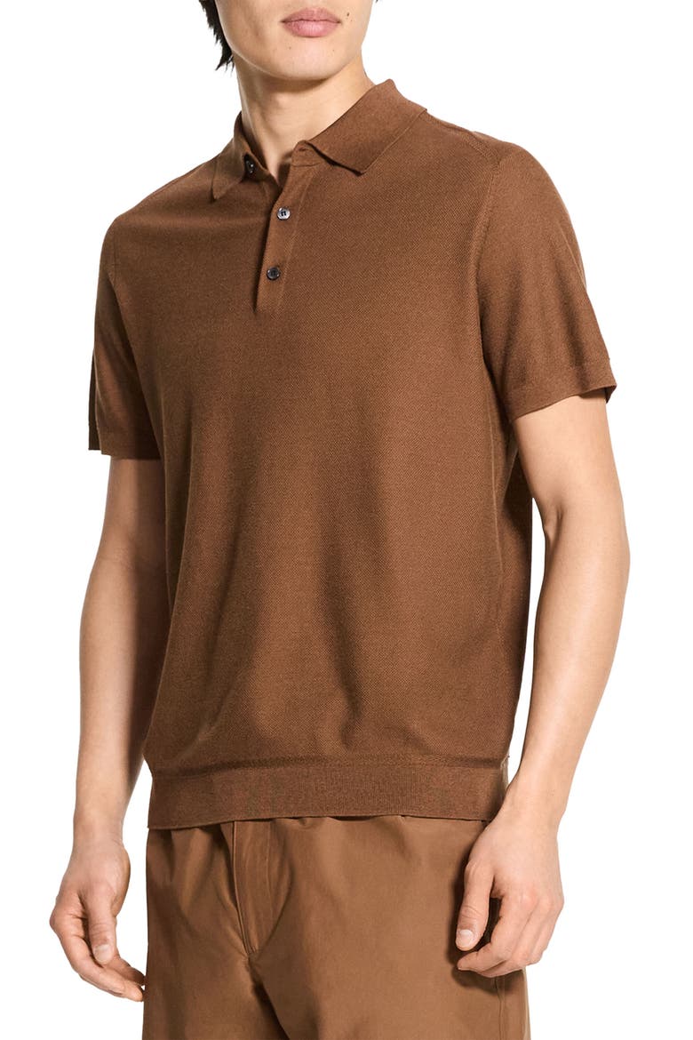 Short Sleeve Silk & Cotton Polo Sweater, Alternate, color, DEEP TOBACCO