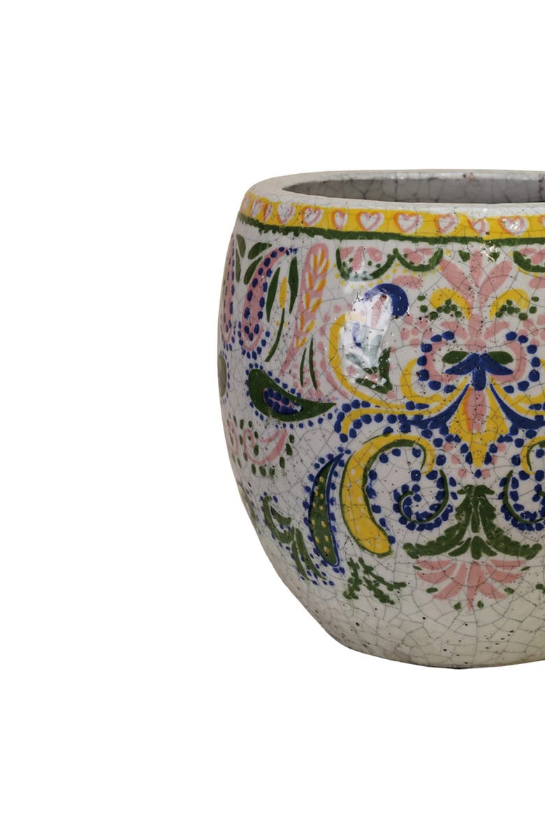 Large Terra-cotta Planter with Floral Pattern, Crackle Glaze, Multicolor, Alternate, color, Grey