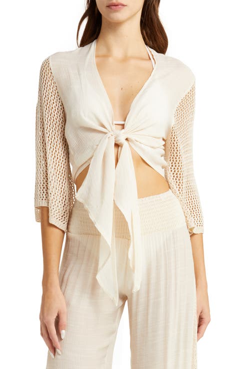 Open Stitch Accent Tie Front Cover-Up Top