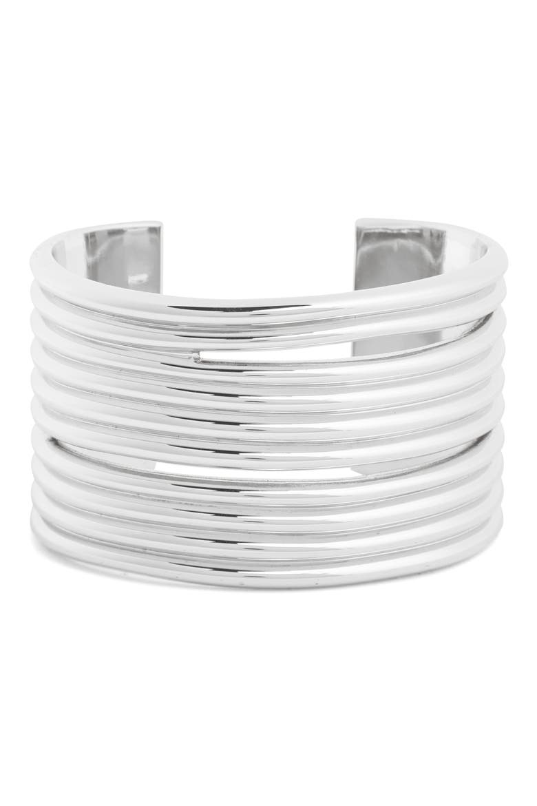 Cutout Ribbed Cuff Bracelet, Main, color, WARM SILVER
