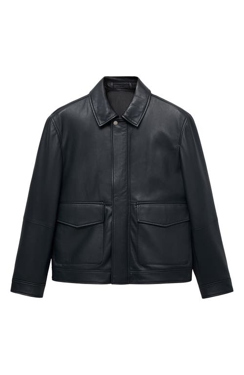 Mango Leather Jacket With Pockets In Blue