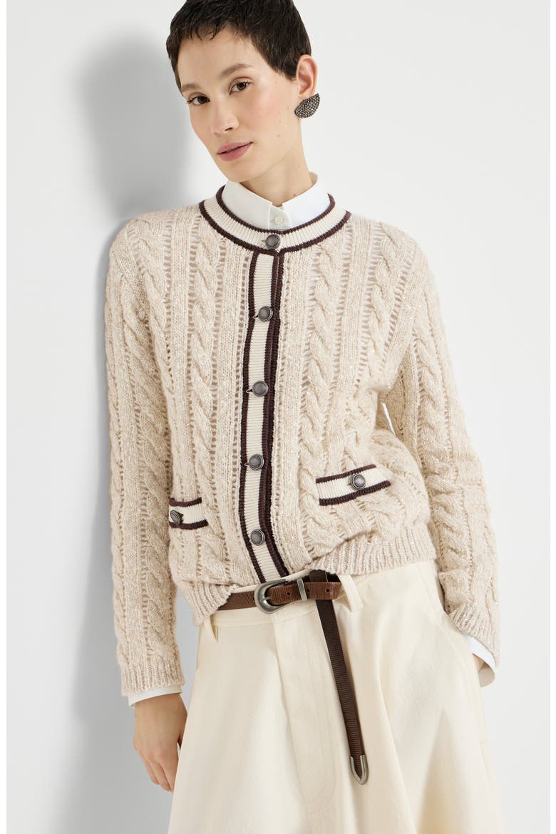 Soft virgin wool and cashmere diamond yarn cable knit cardigan, Alternate, color, Cream