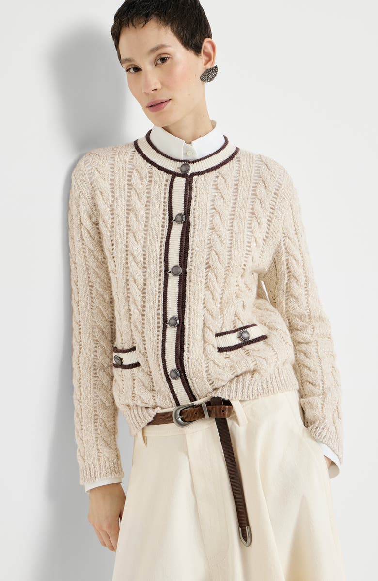 Brunello Cucinelli Soft virgin wool and cashmere diamond yarn cable knit cardigan, Alternate, color,