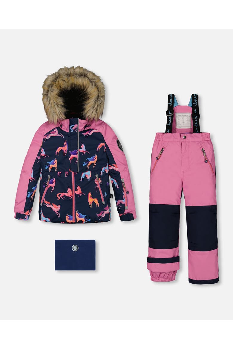 Little Girl's Two Piece Snowsuit Mauve Printed Unicorns, Main, color, Crocus