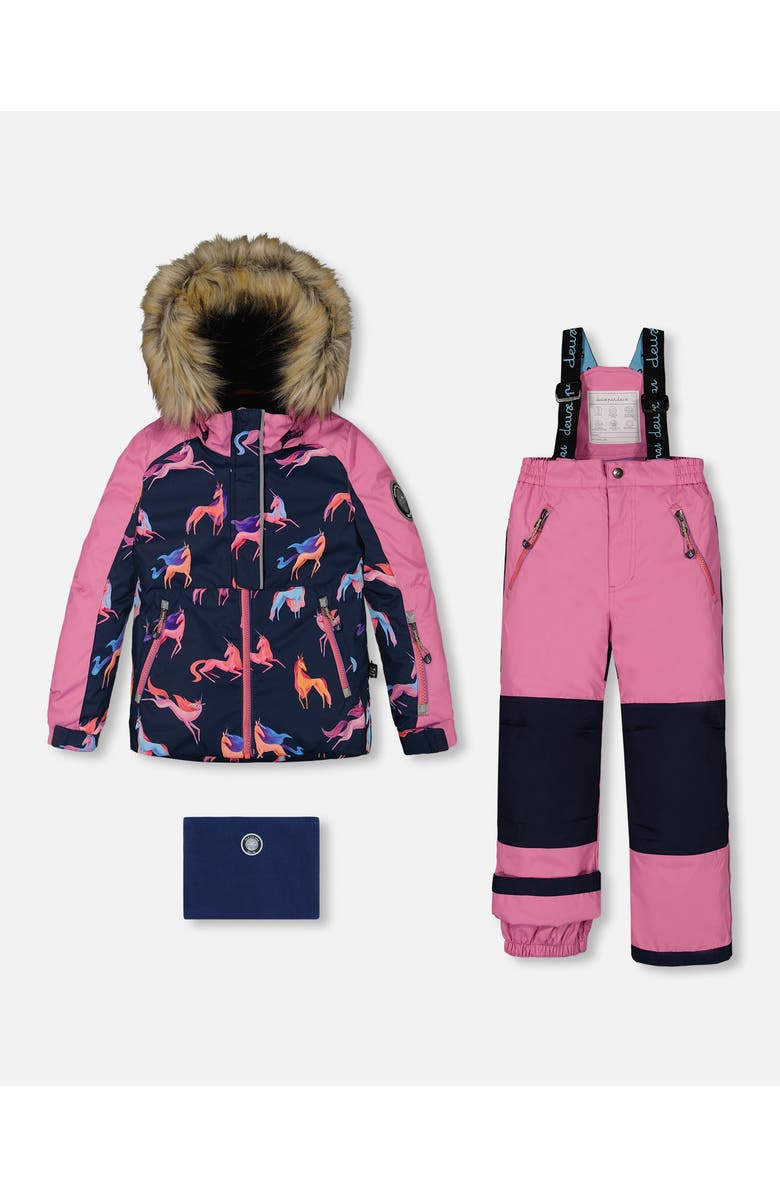 Deux par Deux Little Girl's Two Piece Snowsuit Mauve Printed Unicorns, Main, color,
