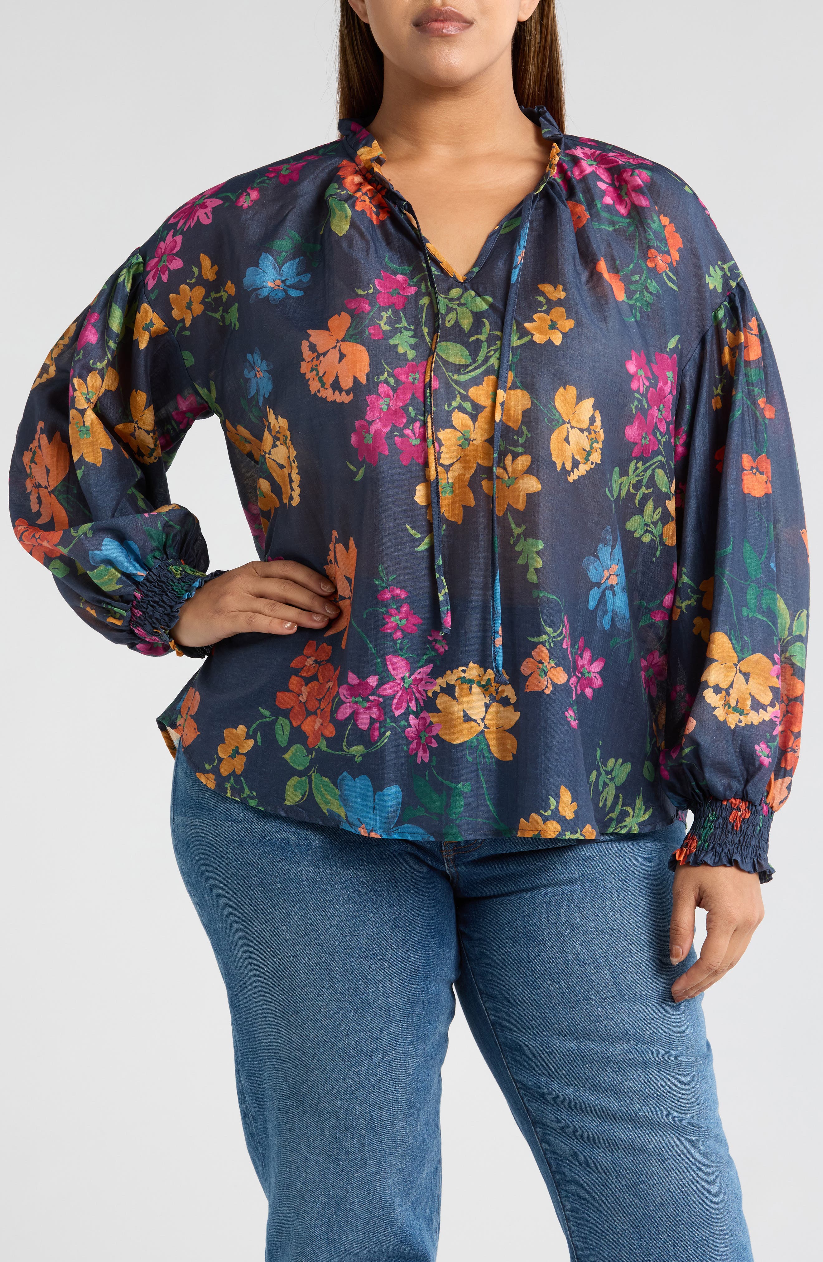 Renee C Floral Ruffle Tie Neck Long Sleeve Top