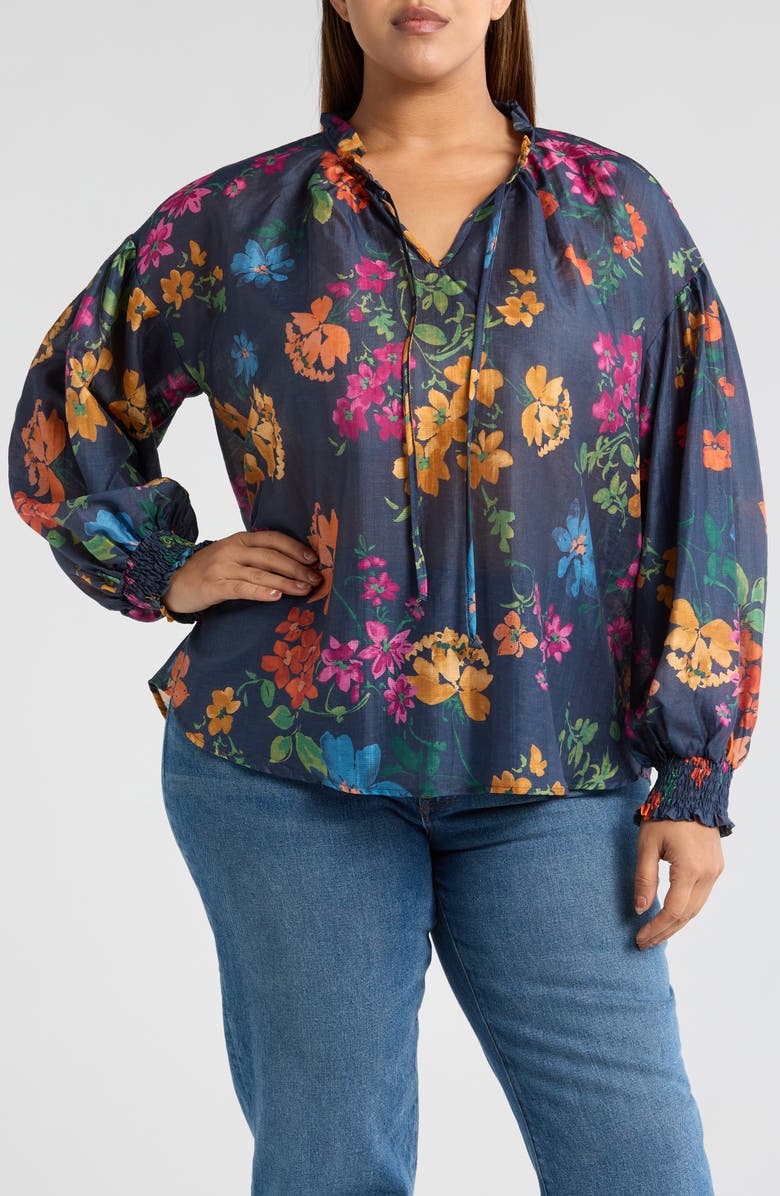 Renee C Floral Ruffle Tie Neck Long Sleeve Top, Main, color, Navy