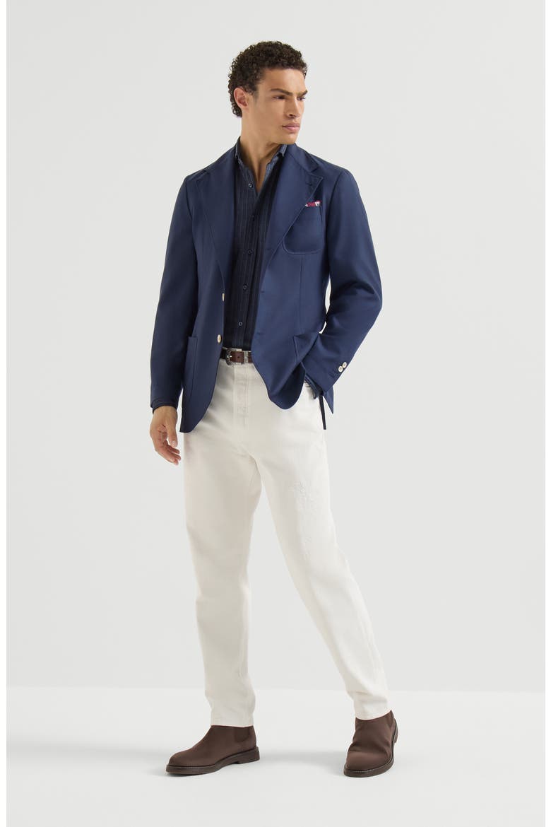Virgin wool, silk and cotton chalk stripe piqué shirt with spead collar, Alternate, color, Blue