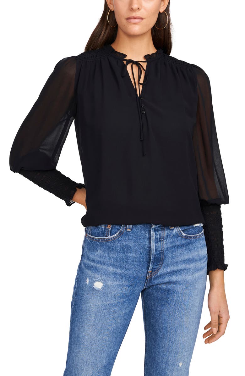 1.STATE Leopard Print Shirred Tie Neck Blouse, Main, color, 