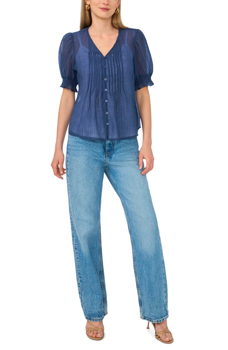 Vince Camuto Pintuck V-Neck Puff Sleeve Top, Alternate, color, Navy