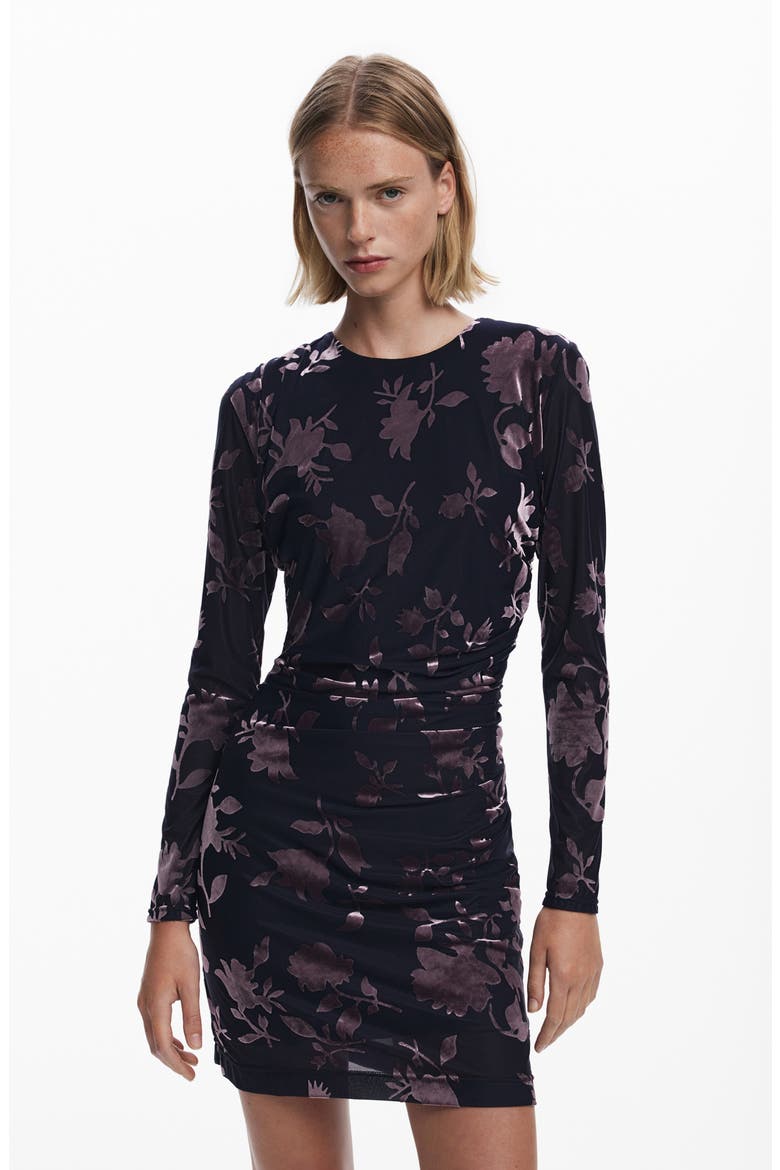 Print Long Sleeve Body Con Dress, Alternate, color, DARK PURPLE