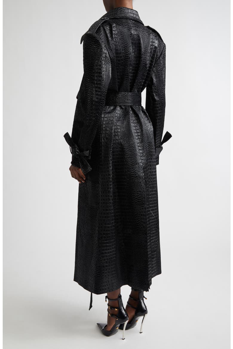 Croc Embossed Faux Leather Trench Coat, Alternate, color, BLACK