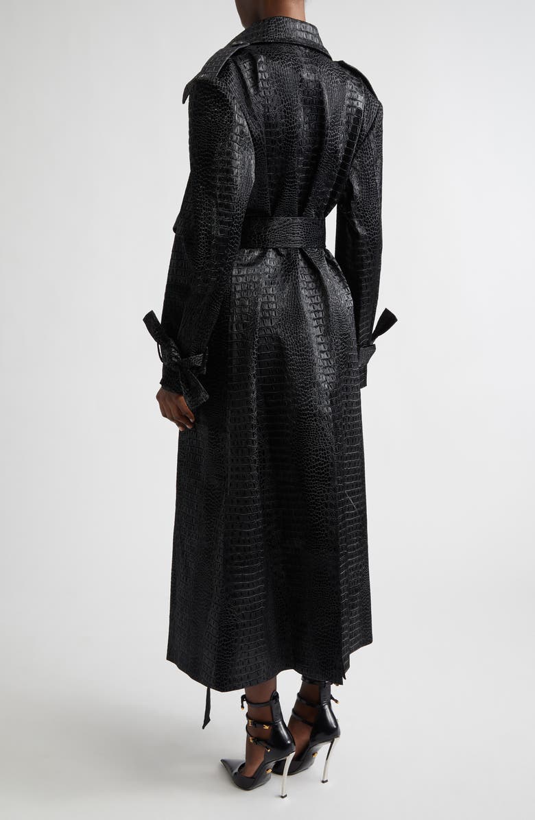 KIM SHUI Croc Embossed Faux Leather Trench Coat, Alternate, color, Black