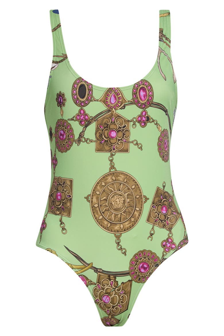 Broken Jewels Print One-Piece Swimsuit, Main, color, PISTACHIO AZUR GOLD