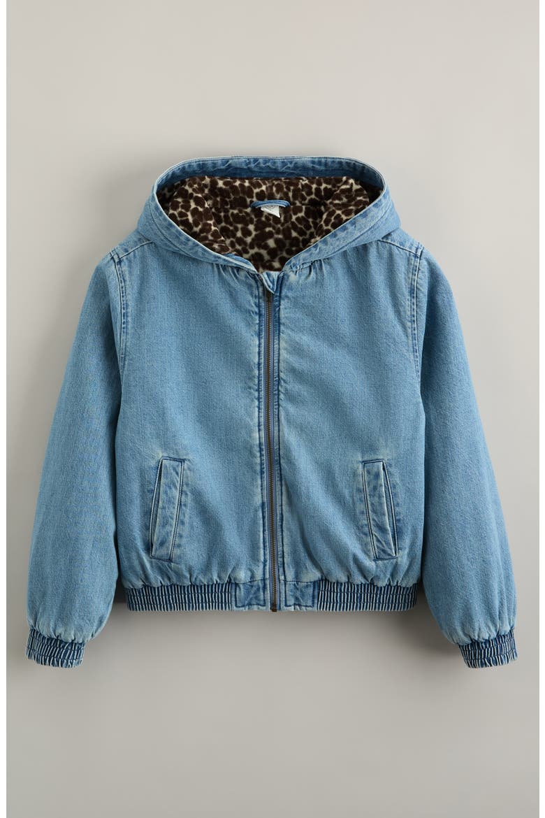 Kids' Fleece Lined Hooded Denim Jacket, Main, color, MEDIUM BLUE WASH