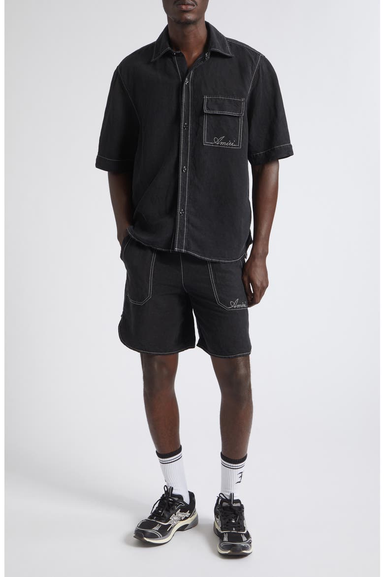 Script Garment Dyed Linen Blend Shorts, Alternate, color, BLACK