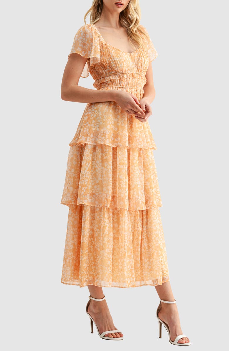 Mila Mae Floral Print Pleated Tiered Midi Dress, Alternate, color, Mustard Floral