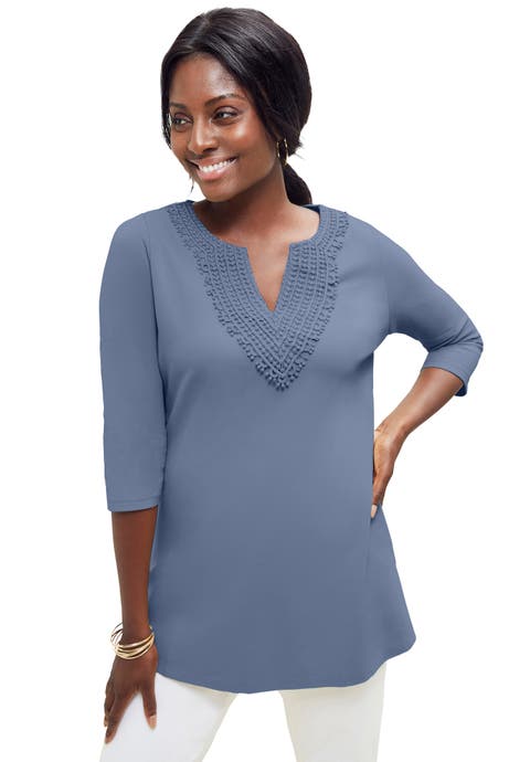 Stretch Cotton Crochet Notch Neck Tunic (Plus Available)