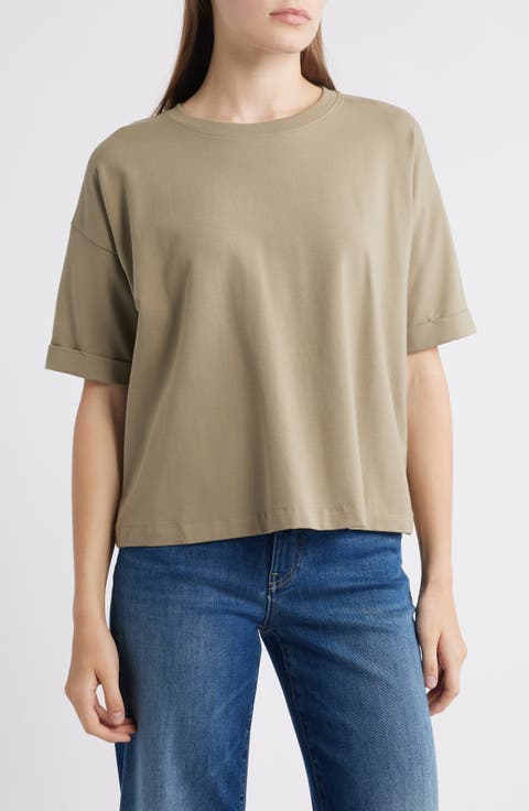 Cuffed Sleeve Cotton Crewneck T-Shirt