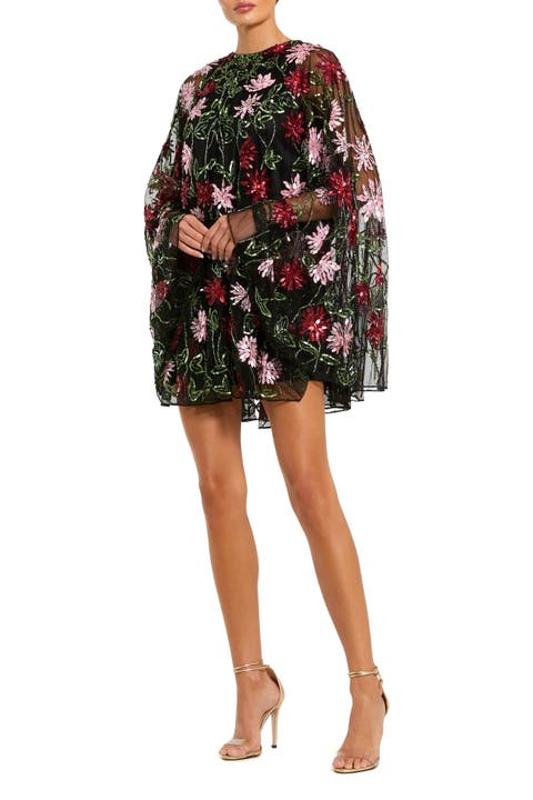 Floral Beaded Mesh Shawl Mini Dress