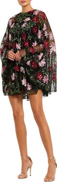Mac Duggal Floral Beaded Mesh Shawl Mini Dress