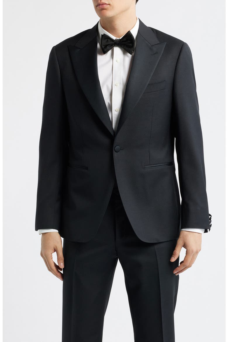 Capri Trim Fit Black Wool Peak Lapel Tuxedo, Alternate, color, BLACK