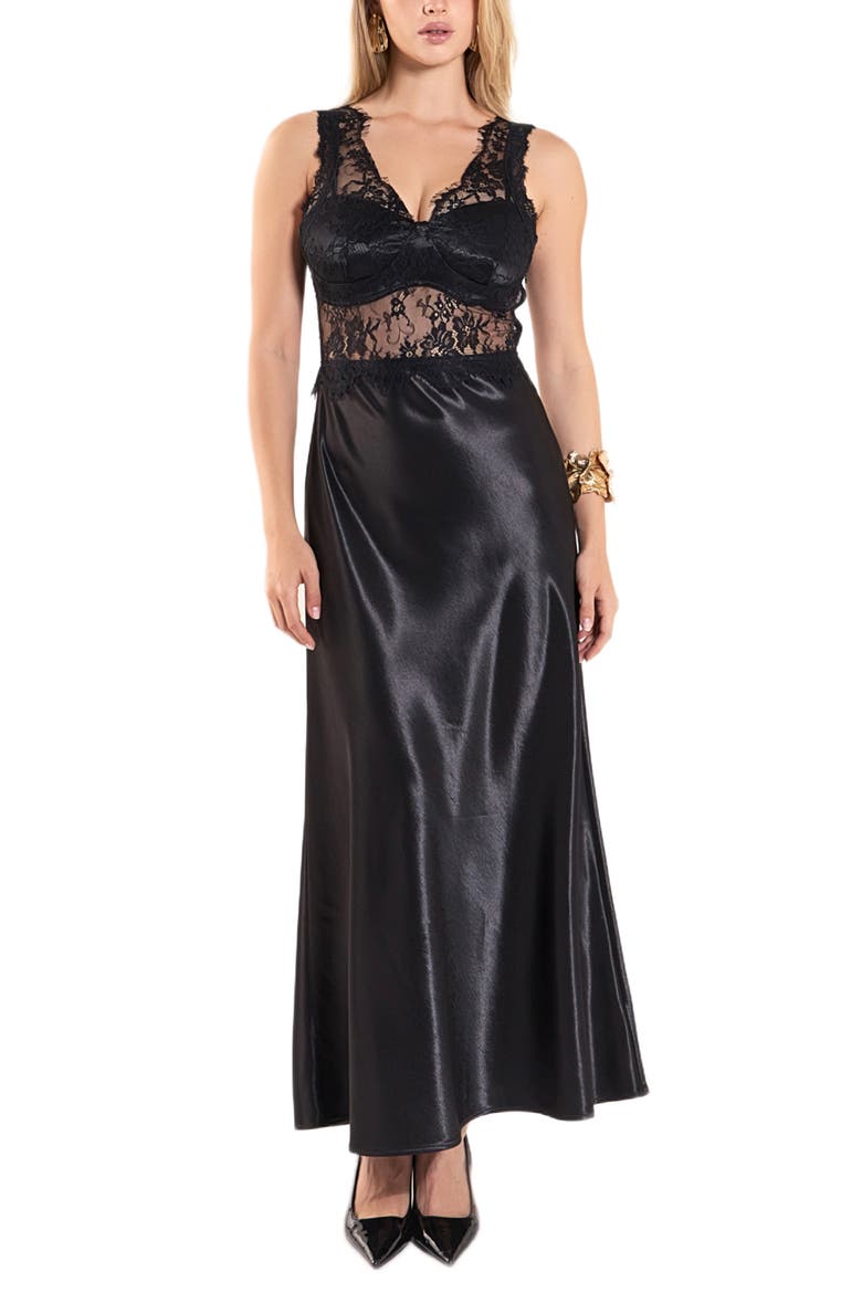 Lace Trim Midi Dress, Main, color, BLACK