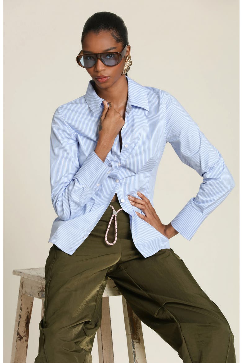 Stripe Cotton Blend Button-Up Top, Alternate, color, BLUE/ WHITE STRIPE
