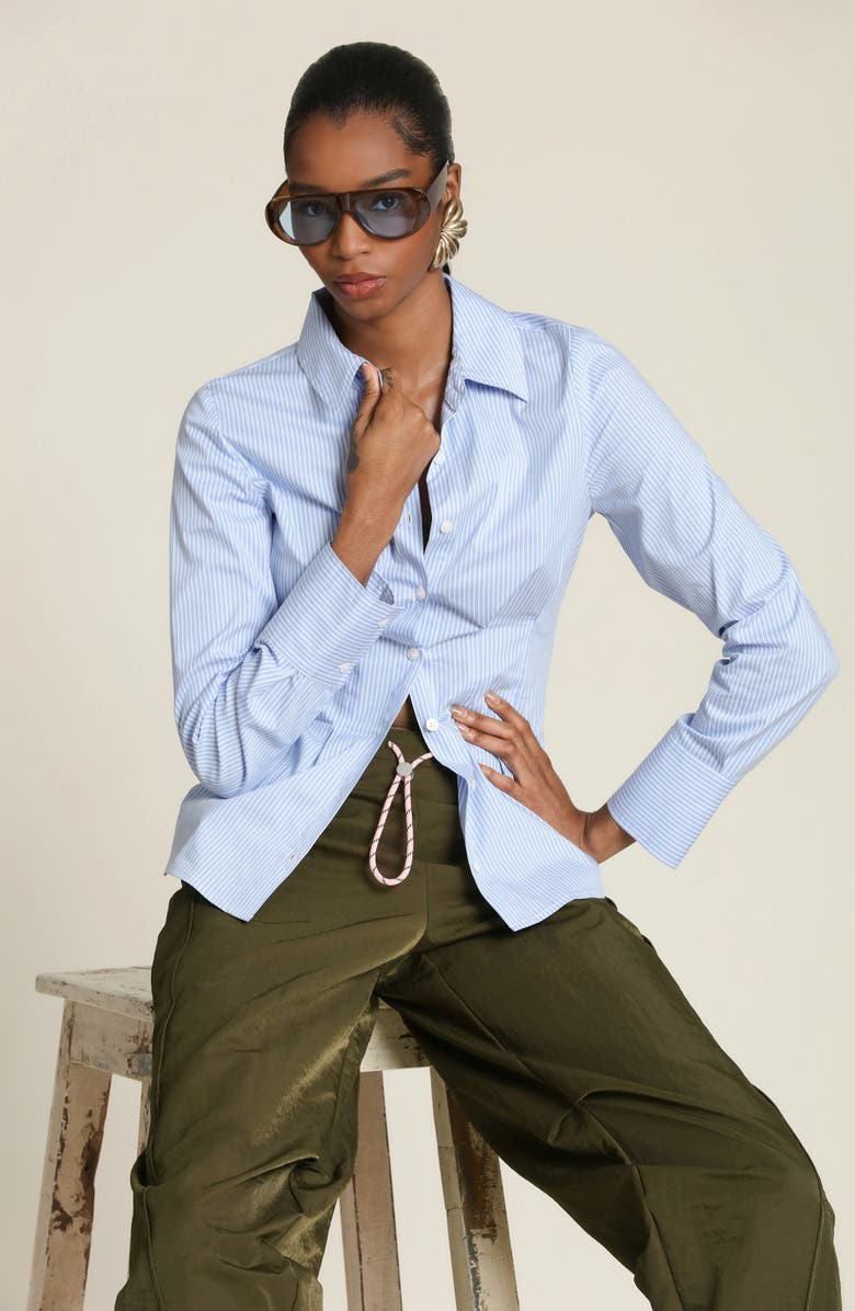 Avec Les Filles Stripe Cotton Blend Button-Up Top, Alternate, color, Blue/ White Stripe