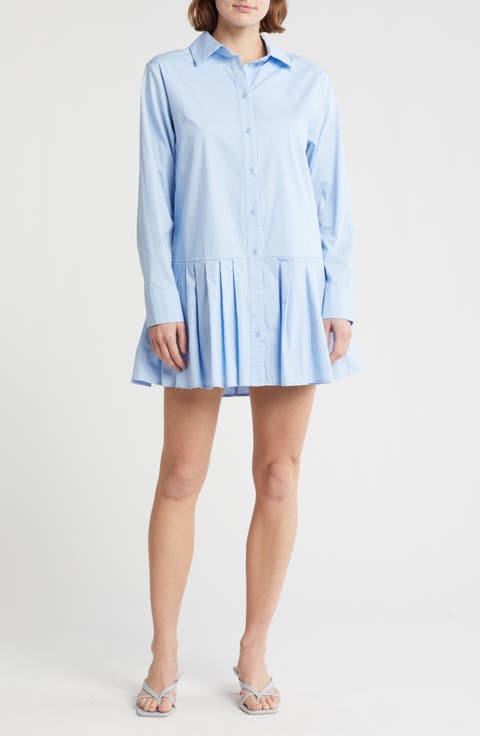 Pleated Long Sleeve Cotton Button-Up Shirtdress