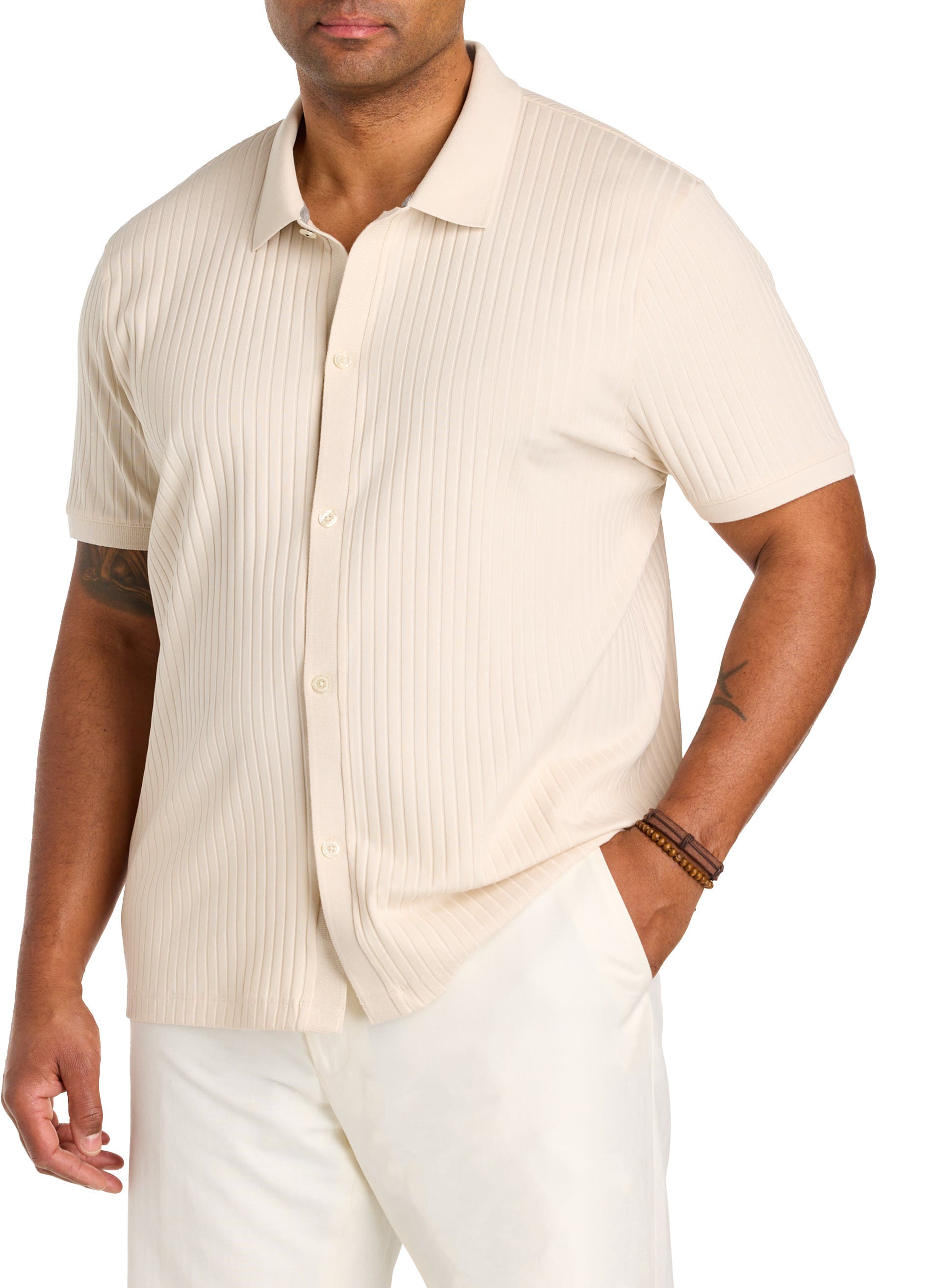 Perry Ellis Big & Tall Ribbed Jacquard Button-Front Polo Shirt in Birch at Nordstrom, Size Xxx-Large
