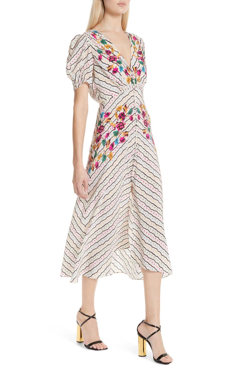 Lea Silk Midi Dress, Alternate, color, JAPONICA WIGGLE PLACEMENT
