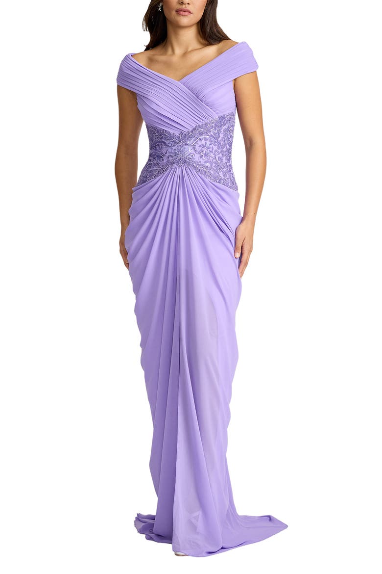 Beaded Off the Shoulder Chiffon Gown, Alternate, color, LAVENDER MIST